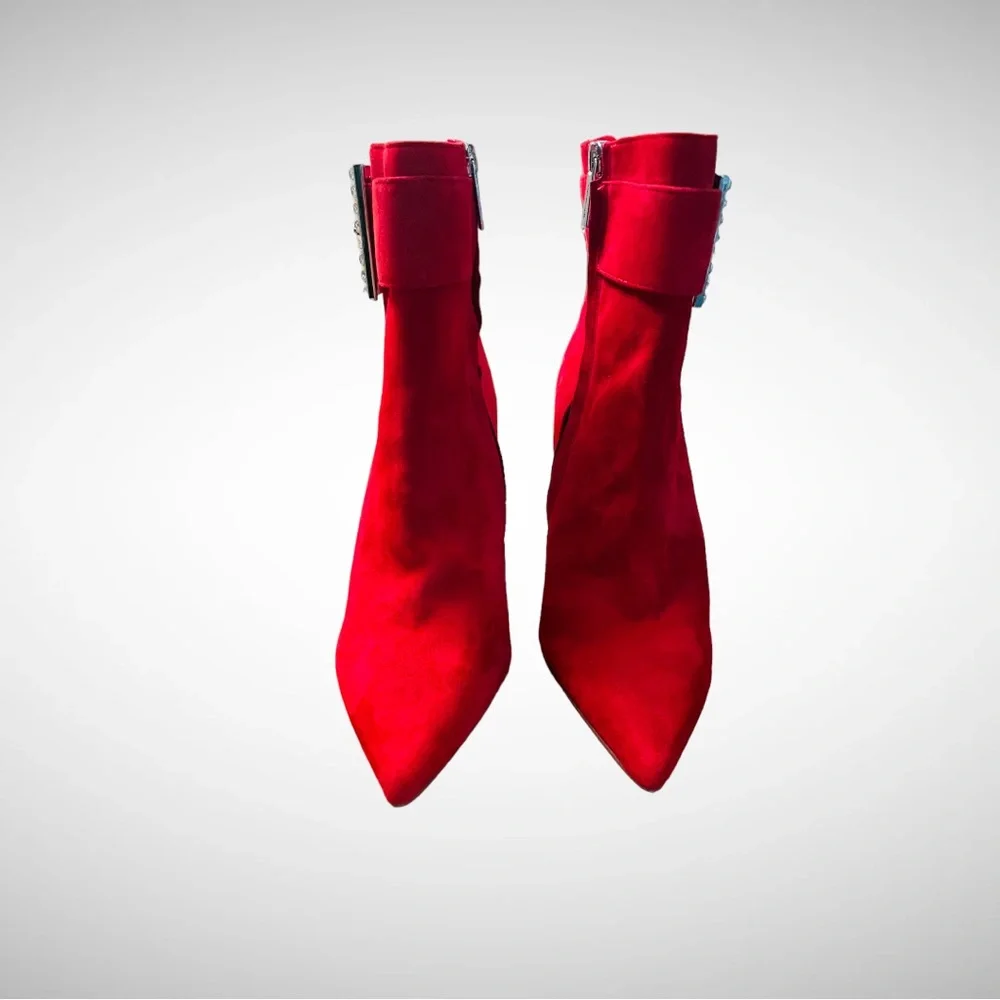 MICHAEL KORS Giselle JEWEL-Buckle Pointed-Toe Suede Ankle Boots - RED